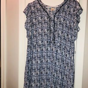 Knee length blue and white patterned dress